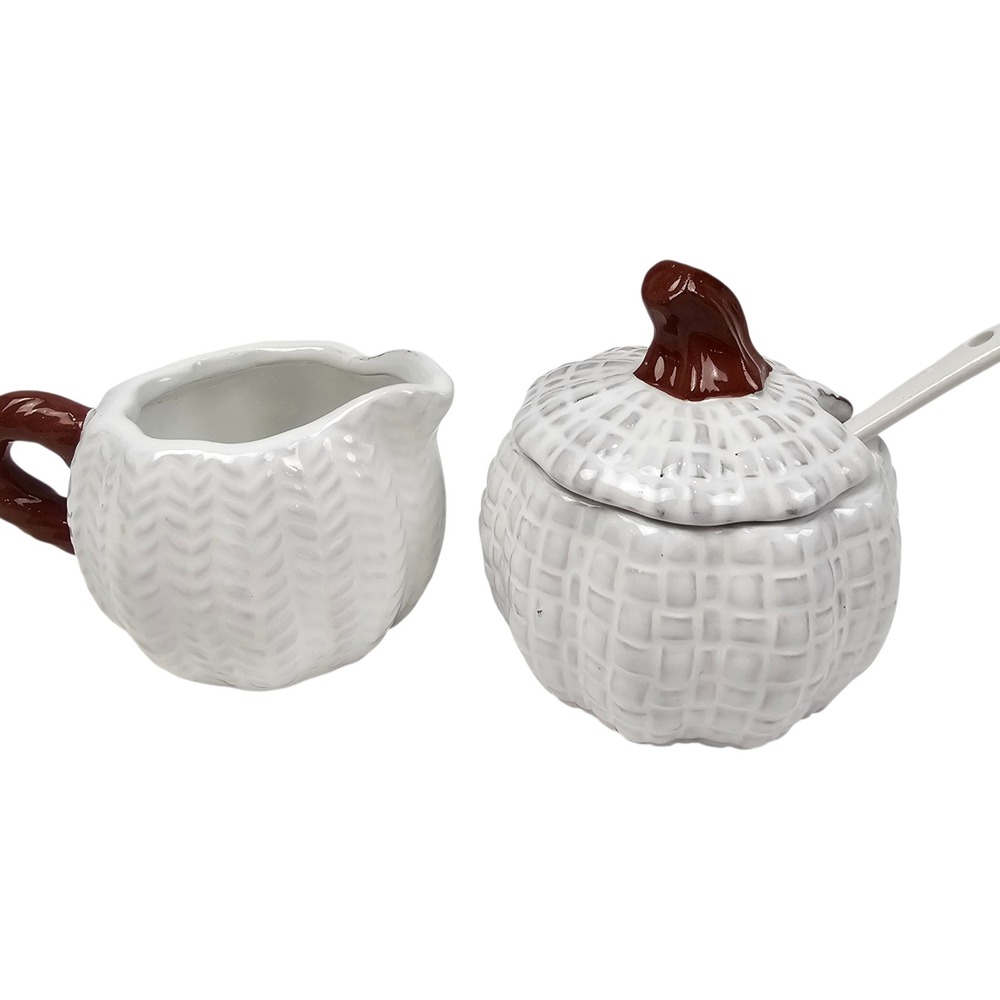 White Ceramic Pumpkin‎ Creamer and Sugar Bowl Set with Spoon Fall Harvest Decor